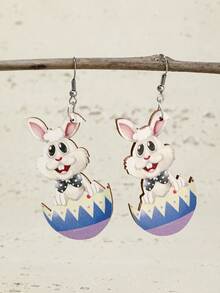 1pair Women'S Fashionable Casual Wooden Earrings With Colorful Rabbit Pattern Holiday Gift For Family And Friends - Multicolor - View 1