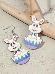 1pair Women'S Fashionable Casual Wooden Earrings With Colorful Rabbit Pattern Holiday Gift For Family And Friends - Multicolor - View 4