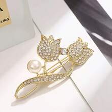 1pc Fashionable Tulip Faux Pearl Brooch Inlaid With Rhinestone , Ideal Choice For Gifts - Yellow Gold - View 4