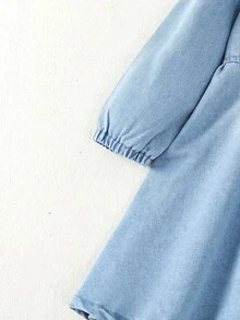 1 Pieza Vestido De Mezclilla Bordado Flores Sencillo Para Niña Pequeña Para Primavera Y Otoño - Azul lavado medio - Ver 3