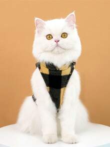 寵物秋冬格紋馬甲,配牽引帶,適用於泰迪狗、博美狗、貓等 - 黃色 - 查看 3