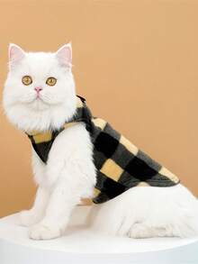 寵物秋冬格紋馬甲,配牽引帶,適用於泰迪狗、博美狗、貓等 - 黃色 - 查看 4