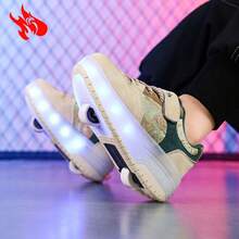 Boys' & Girls' Roller Sneakers With Retractable Wheel, Light Up Wheels, Safe Stabilizer Function For Skating Activities - Khaki - View 1