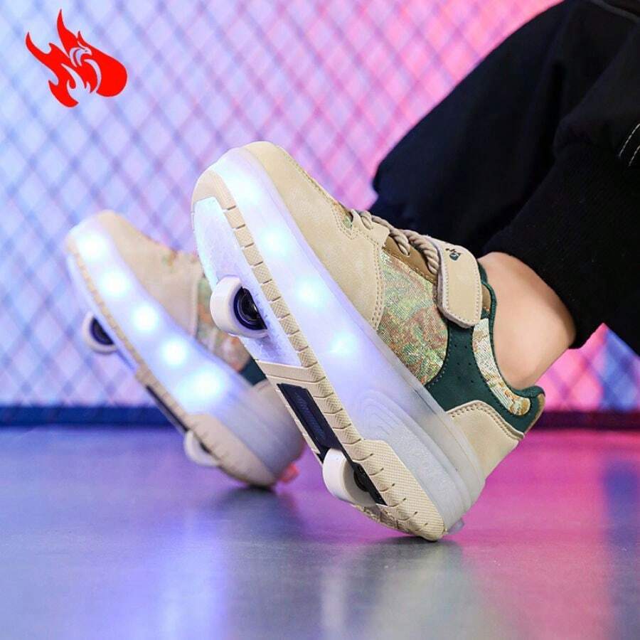 Boys' & Girls' Roller Sneakers With Retractable Wheel, Light Up Wheels, Safe Stabilizer Function For Skating Activities - Khaki - View 1