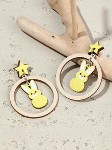 1pair Women's Fashionable Casual Teardrop-Shaped, Wooden Rabbit Design Earrings As Easter Gift For Family And Friends - Multicolor - View 4