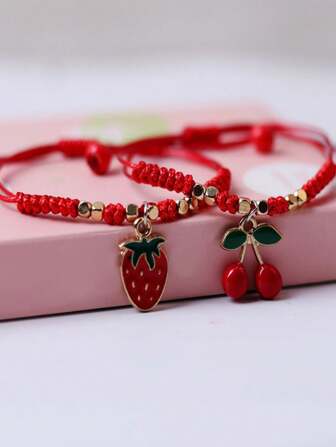 1pc Red Children's Bracelet Chinese Zodiac Design Diy Strawberry & Cherry Beaded Handmade Wristband Bracelet For Girls, Gifts For Kids/ Students/ Children