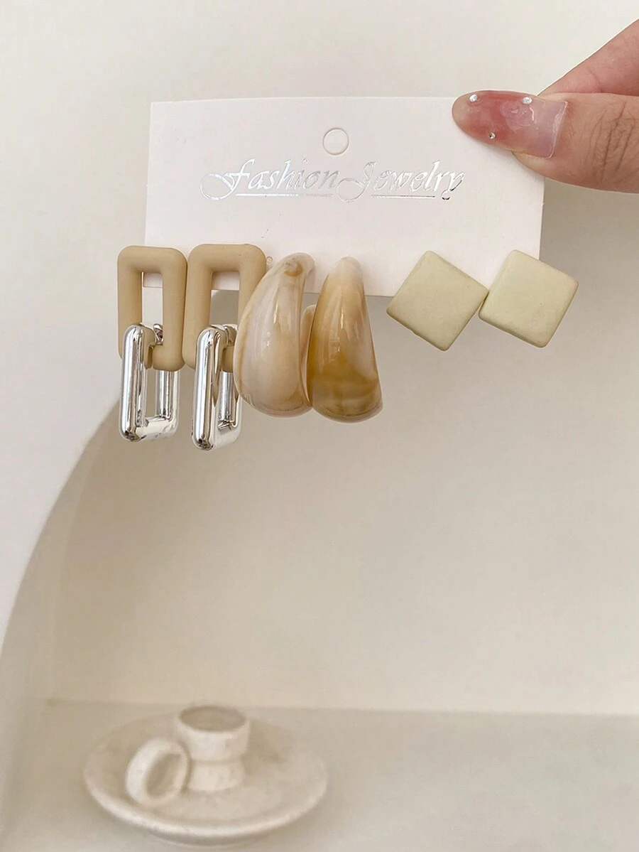 1套3對時尚幾何拼裝下垂耳環,經典c形耳環,百搭耳飾 - 彩色 - 查看 1