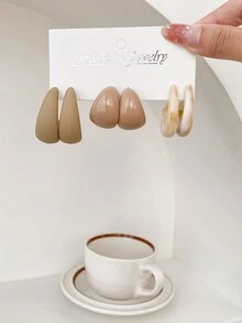 1套3對時尚幾何拼裝下垂耳環,經典c形耳環,百搭耳飾 - 彩色 - 查看 2