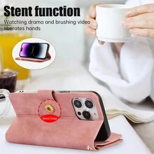 1入組粉色格紋拉鍊多卡槽手機殼，帶對比色手帶，小球和鑽石圖案，適用於蘋果iPhone 15pro/15promax/15plus/15/14pro/14promax/14plus/14/13pro/13promax/13/12pro/12promax/12/11promax/11/11pro和三星Galaxy S23ultra/S23plus/S23/S22ultra/S22plus/S22/S21ultra/S21plus/S21/A54/A53/A52/A33/A32/A22/A14/Note20u - 粉色 - 查看 4