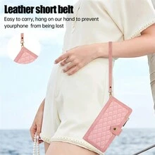 1入組粉色格紋拉鍊多卡槽手機殼，帶對比色手帶，小球和鑽石圖案，適用於蘋果iPhone 15pro/15promax/15plus/15/14pro/14promax/14plus/14/13pro/13promax/13/12pro/12promax/12/11promax/11/11pro和三星Galaxy S23ultra/S23plus/S23/S22ultra/S22plus/S22/S21ultra/S21plus/S21/A54/A53/A52/A33/A32/A22/A14/Note20u - 粉色 - 查看 6