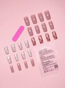 Sanrio 24入組長方形簡約優雅的紫色、粉紅色和白色大理石紋鋁箔方形UV凝膠指甲貼片+1入組果凍凝膠+1入組指甲修甲工具套裝，按壓式指甲，美甲用品 - 彩色 - 查看 5