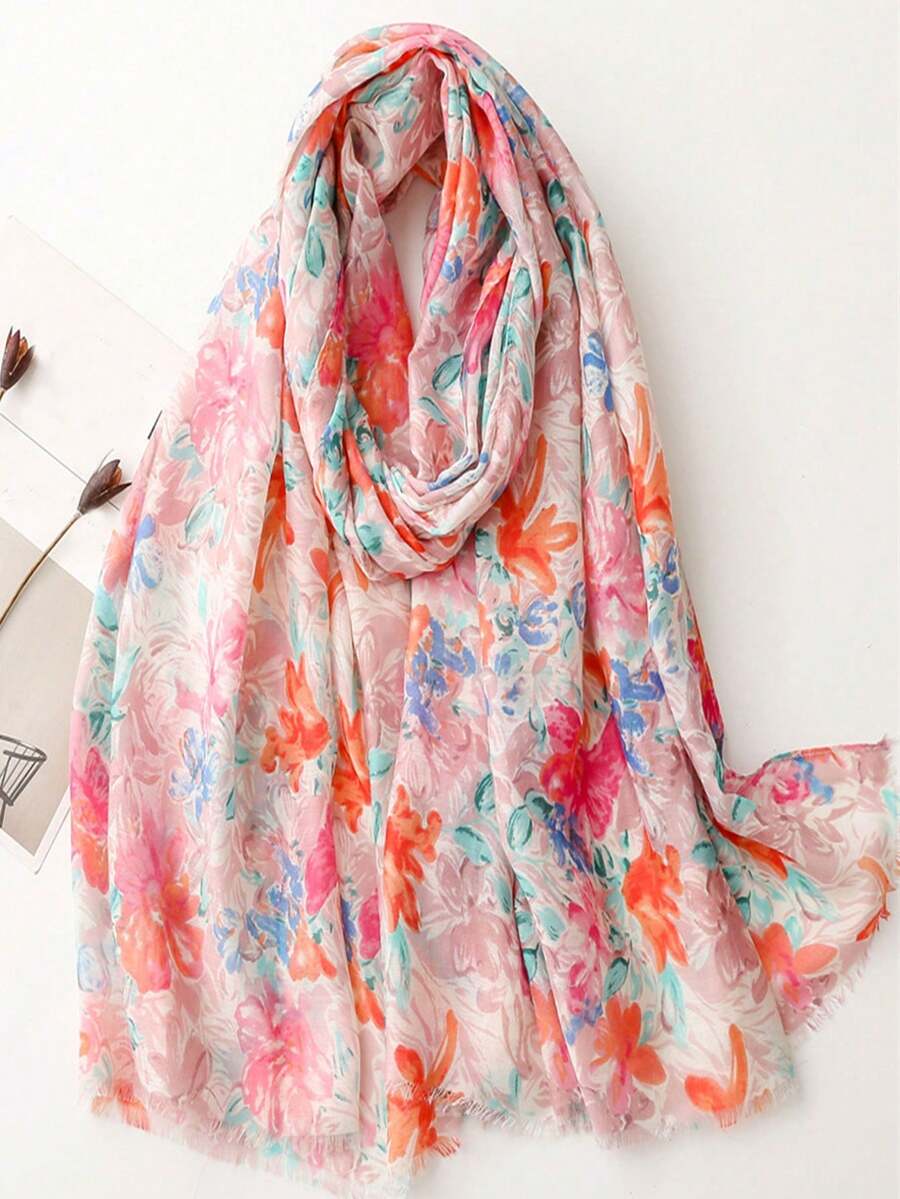 1條簡約印花圍巾,女士新款春夏長款絲巾,防曬沙灘披肩,多功能圍巾 - 粉色 - 查看 1