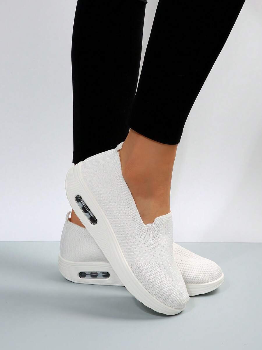 Women's Breathable Thick-Soled Round-Toe Slip-On Sneakers, Casual Or Sporty Style - White - View 1