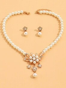 3入組假珍珠吊墜鑲鑽花項鍊套裝配金色耳環，時尚女士珠寶飾品 - 金色 - 查看 2