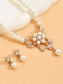 3入組假珍珠吊墜鑲鑽花項鍊套裝配金色耳環，時尚女士珠寶飾品 - 金色 - 查看 3