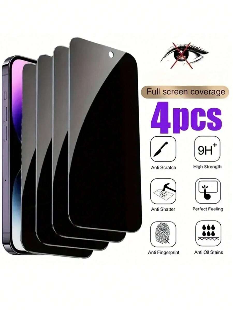 4 Packs Privacy Screen Protector Compatible With IPhone 15, Sensor Protection, Dynamic Island Compatible, 9H Anti-Peeping Private Tempered Glass Film, Anti-Scratch, Suitable For Phone Case, Easy To Install, Bubble Free Compatible With 15Promax 14 13 12 11 7/8 XR XS XSMAX Waterproof Shockproof Anti-Fall Anti-Fall Anti-Fingerprint Full Cover - Black - View 1