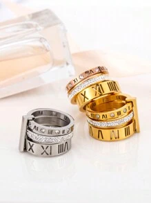 1 件男士奢华不锈钢 18k 镀金戒指，带水钻和镂空罗马数字三环关节设计，理想的生日礼物 - 金黃色 - 查看 6