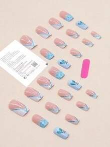 24pcs Short Square Cartoon Design False Nails With 1pc Nail File And 1pc Jelly Gel Included Press On Nails Nail Supplies - Multicolor - View 2