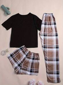 3pcs/Set Bear Pattern Top And Checker Shorts & Pants Home Outfit - Multicolor - View 2