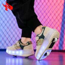 Boys' & Girls' Roller Sneakers With Retractable Wheel, Light Up Wheels, Safe Stabilizer Function For Skating Activities - Khaki - View 4