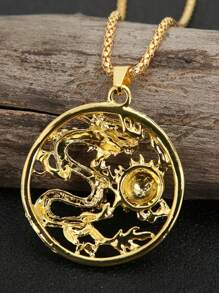1 件復古時尚金色鏤空十二生肖龍吊墜項鍊適合男士日常佩戴 - 金色 - 查看 2