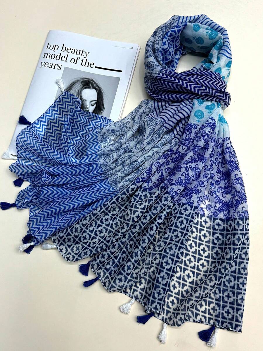 1 件透气流苏披肩，优雅风格围巾，春夏季时尚女士真丝围巾，彩色小碎花长围巾，多功能户外防晒沙滩巾，头巾 - 彩色 - 查看 1