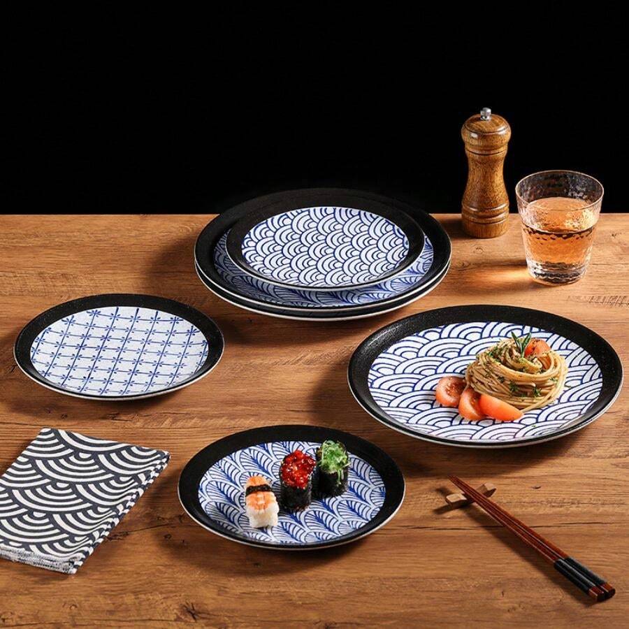 Japanese Blue & White Style Ceramic Dinner Plate, Used For Serving Sushi And Other Dishes, Suitable For Home, Restaurant, Diameter 8 Inch/10 Inch - Leaf Pattern - View 1