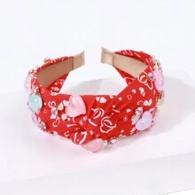 1頂流行的心形寬結頭髮箍,鑲有鑽石和珍珠裝飾,適用於女孩、節日、派對和日常打扮 - 紅色 - 查看 9