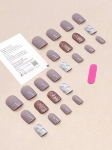 24pcs Short Glitter False Nails With 1pc Nail File And 1pc Jelly Glue Press On Nails Nail Supplies - Multicolor - View 2