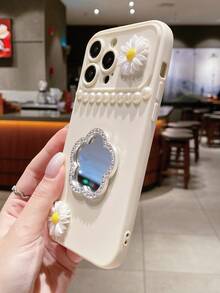 1入組銀色圓框花卉設計鏡子+DIY米色大相機相框/精密穿孔防跌材料大窗戶手機殼，適用於iPhone/Samsung/Redmi/Oppo/Vivo/Infinix - 米色 - 查看 3