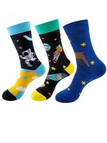 2 雙隨機顏色女式有趣太空人快樂襪子,時尚街頭運動休閒中小腿襪子適合日常穿著 - 彩色 - 查看 1