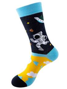 2 雙隨機顏色女式有趣太空人快樂襪子,時尚街頭運動休閒中小腿襪子適合日常穿著 - 彩色 - 查看 2