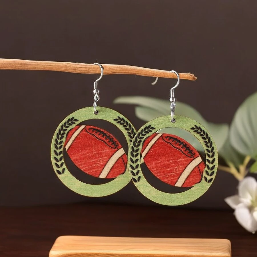 1pair Superbowl Minimalist Hollow Out Wooden Stud Earrings & Football Wooden Dangle Earrings Set - Green - View 1