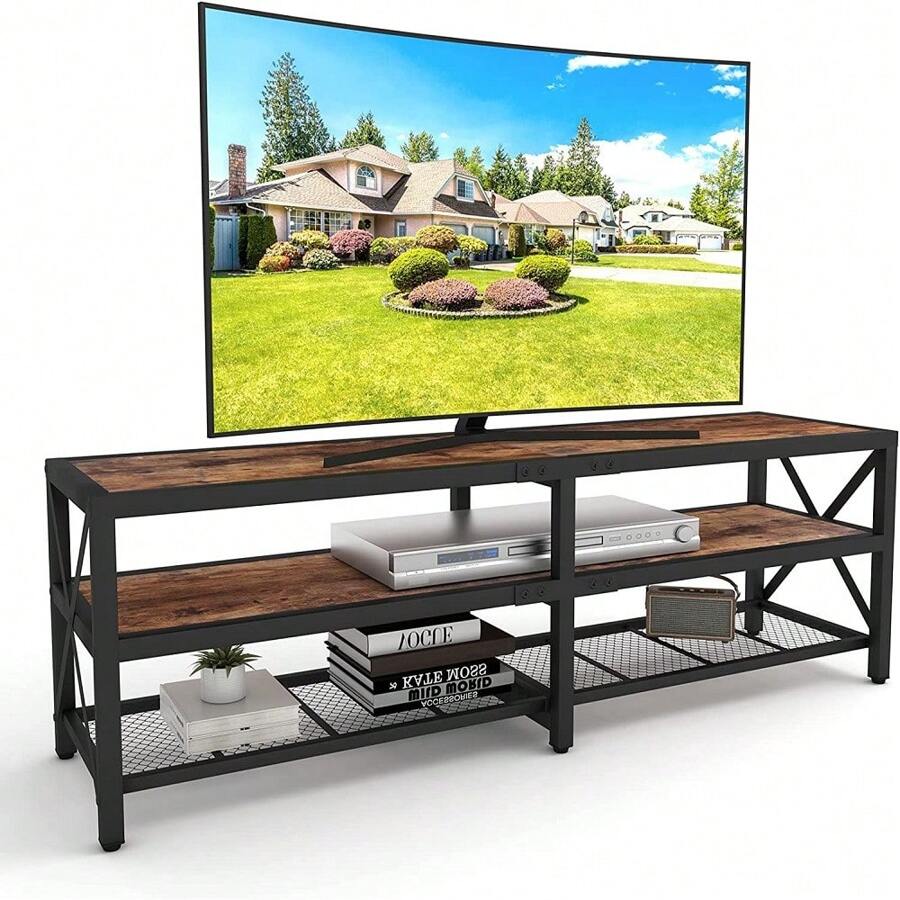TV Stand For 65 70 75 Inches TVs, Entertainment Center With 3 Tier Open Shelves, Industrial TV Console Table For Living Room, Rustic Brown - 質樸棕色 - 查看 1