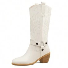 Cowgirl Boots For Women Wide Calf Women'S Western Cowboy Boots Fashion Comfortable Embroidered Mid Calf Boots - trắng - Xem 1