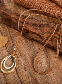 1pc European And American Style Minimalist Zinc Alloy Sandblasted Gold-Plated Adjustable Length Oval Geometric Patterned Hammered Texture Sweater Chain Pendant, Suitable For Women's Daily Wear - Multicolor - View 5