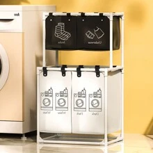 1pc Black & White 2-Layer Laundry Basket With 4 Sorting Bins, Perfect For Storing & Sorting Clothes, Socks, Underwear, Etc. & Durable, Home Essential. - Black and White - View 1