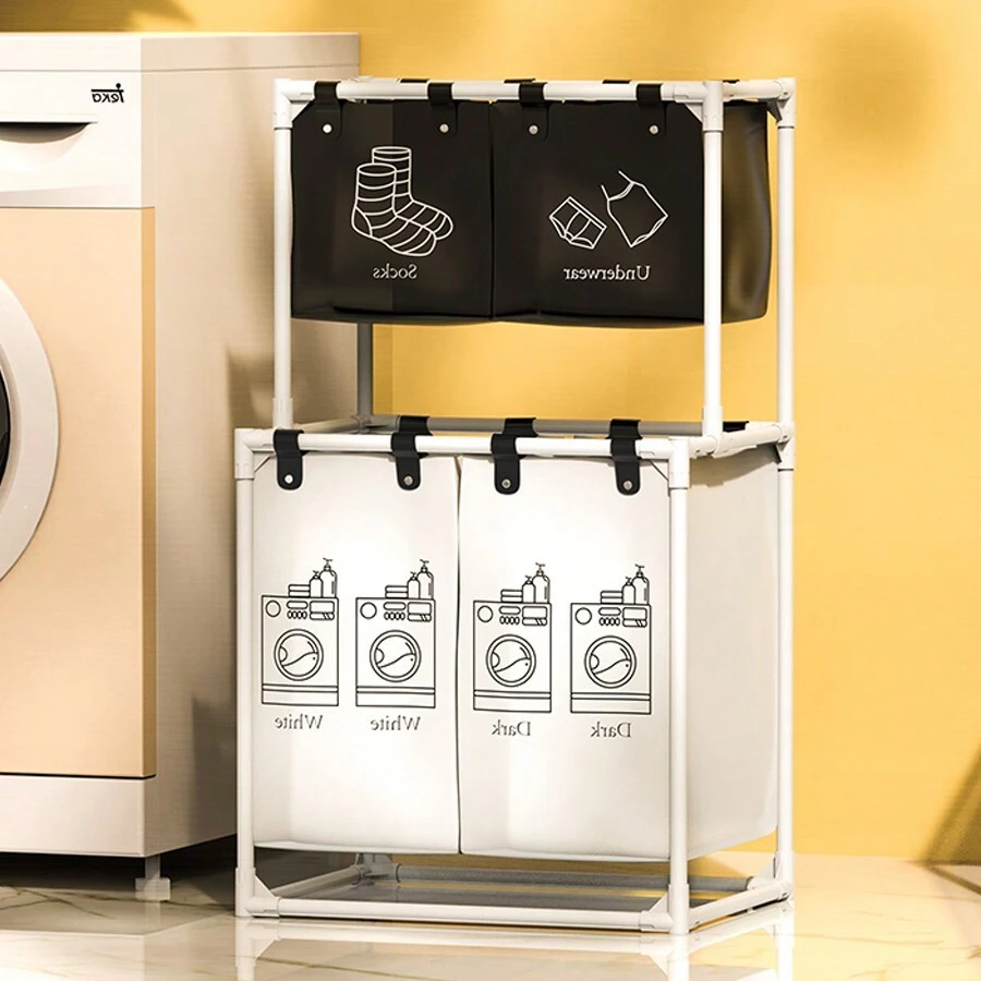 1pc Black & White 2-Layer Laundry Basket With 4 Sorting Bins, Perfect For Storing & Sorting Clothes, Socks, Underwear, Etc. & Durable, Home Essential. - Black and White - View 1