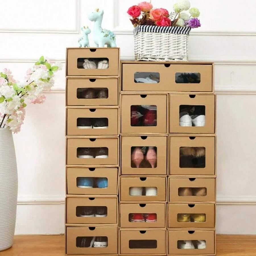 10 Pack Cardboard Shoe Boxes - Stackable Shoes Storage Organizer Kraft Drawer Boxes With Lids And Transparent Window - White - View 1