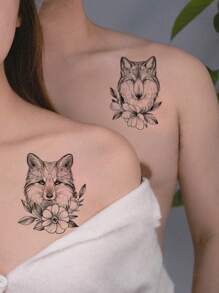Temporary Tattoo Sticker, 1pc Animal And Plant Patterned Paper Tattoo Sticker, Lovely Wolf And Bird Tattoo, Disposable Couple Tattoo Paper, Suitable For Valentine's Day, Waterproof Tattoo Sticker For Couple - Black - View 2