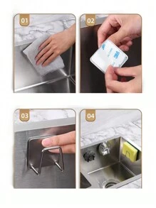 1 pieza Soporte para esponja sin taladro, estante de pared para esponja, rejilla de acero inoxidable para fregadero - Plateado - Ver 6