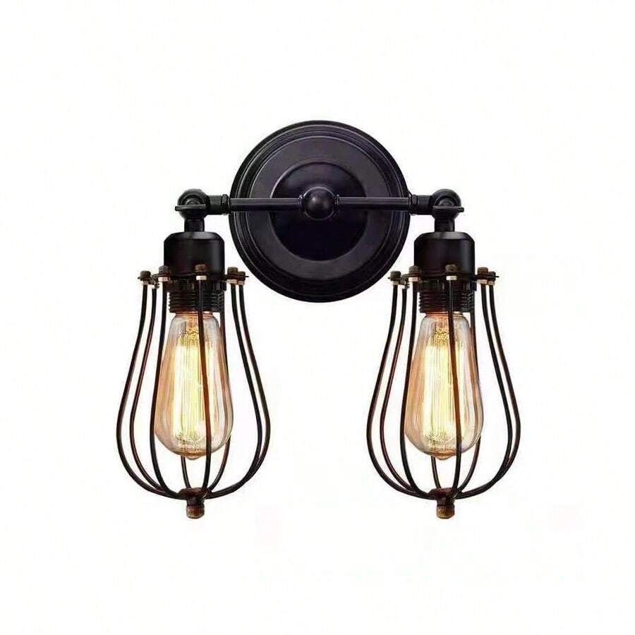 1入裝工業復古牆燈,帶有2個燈座,可調節的鐵籠插座,舊金屬燈具,適用於臥室和庭院,黑色（不包括燈泡） - 黑色 - 查看 1