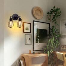 1入裝工業復古牆燈,帶有2個燈座,可調節的鐵籠插座,舊金屬燈具,適用於臥室和庭院,黑色（不包括燈泡） - 黑色 - 查看 3