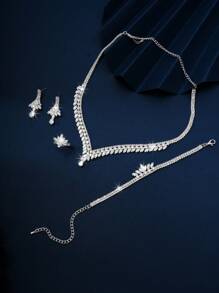 5入組精美水晶項鍊、耳環、手鍊和戒指套裝,適合女性的婚禮、生日、節日、派對穿著 - 銀色 - 查看 5