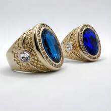 1pc Fashionable Gemstone Inlaid 18k Yellow Gold Plated Ring, Unisex Personalized High-End Jewelry Accessory - Sapphire - View 2