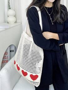 1個心形圖案色塊鉤編手提肩背包可容納大容量時尚沙灘袋,愛情圖形針織手提包,時尚編織肩袋,女士美學鉤編袋子,通勤百搭包,極簡愛之圖案流浪包,情人節禮物女性輕量級購物手提袋 - 彩色 - 查看 2