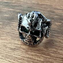 1pc New Arrival Vintage Thai Silver Skull Shaped Ring, Men's Adjustable And Open Design Personalized Ring - Green - View 2