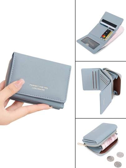 MIYIN Women's Minimalist Style Letter Graphic Wallet Trifold Zipper Coin With Card Slot ID Window PU Leather For Credit Card/ ID Card/ / Cash/Bank Card For Daily For Young Girls/Women/College Students/Graduate/Girl/ Teen Girls/For Rookies & White-Collar Workers Blue For Women Wallet Purse Wallet Small Wallet