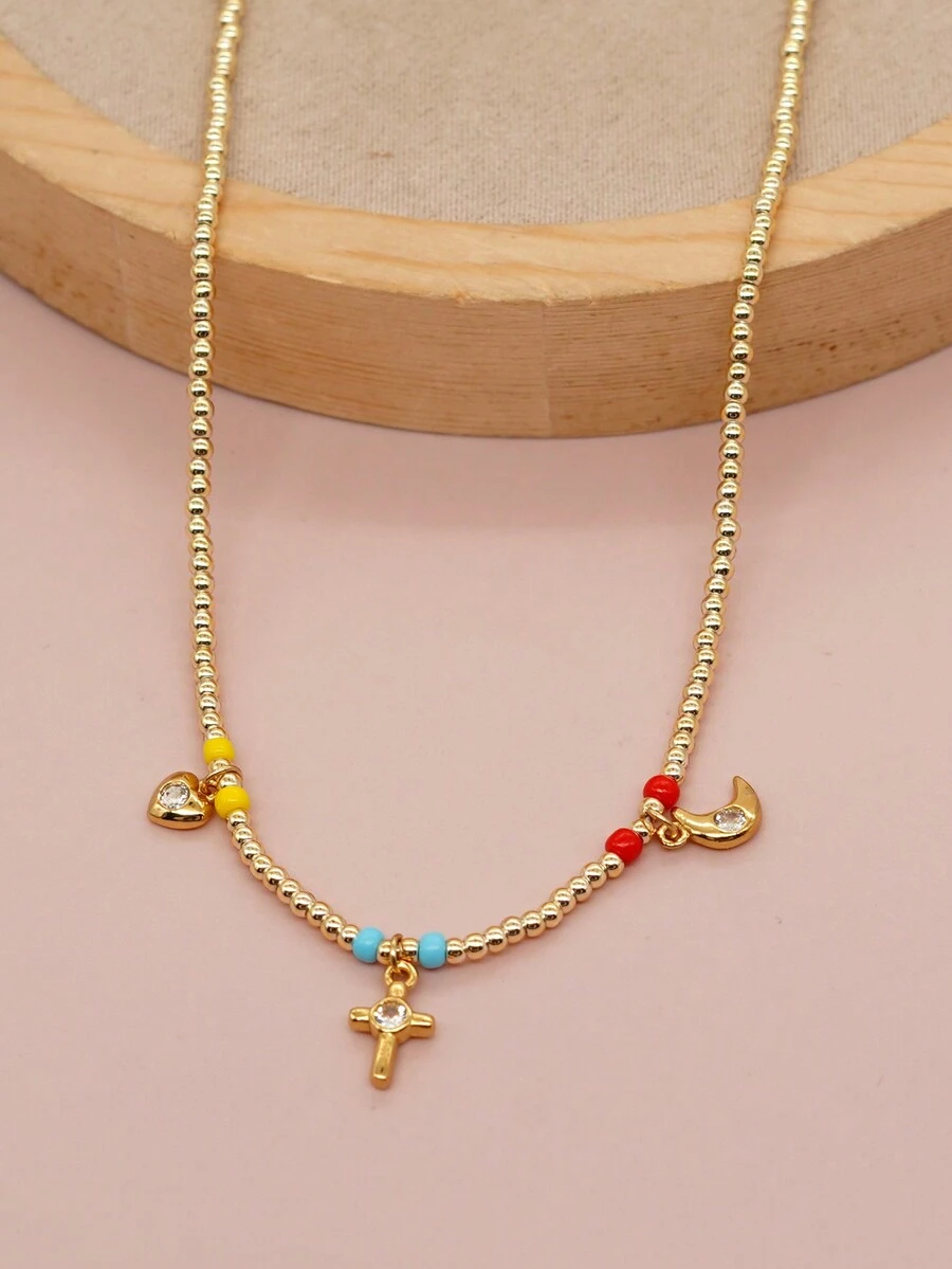 新品多彩波霸頸鍊,珠寶配鍍金心形、星形、十字形吊墜,夏季女性飾品 - JS-N23031601A - 查看 1