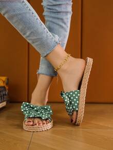 Polka Dot Bowknot Women's Indoor Home Slippers, Fashionable And Versatile Open Toe Slides For Summer - Mint Green - View 6